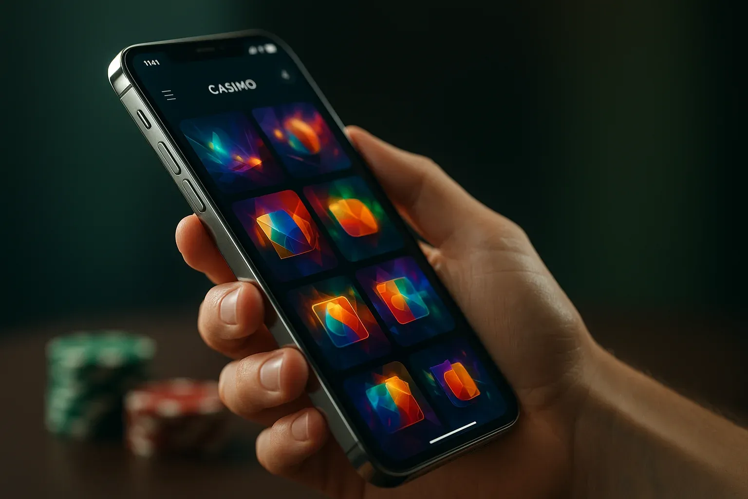 Hyperrealistic Android smartphone showing premium casino app interface, chips blurred