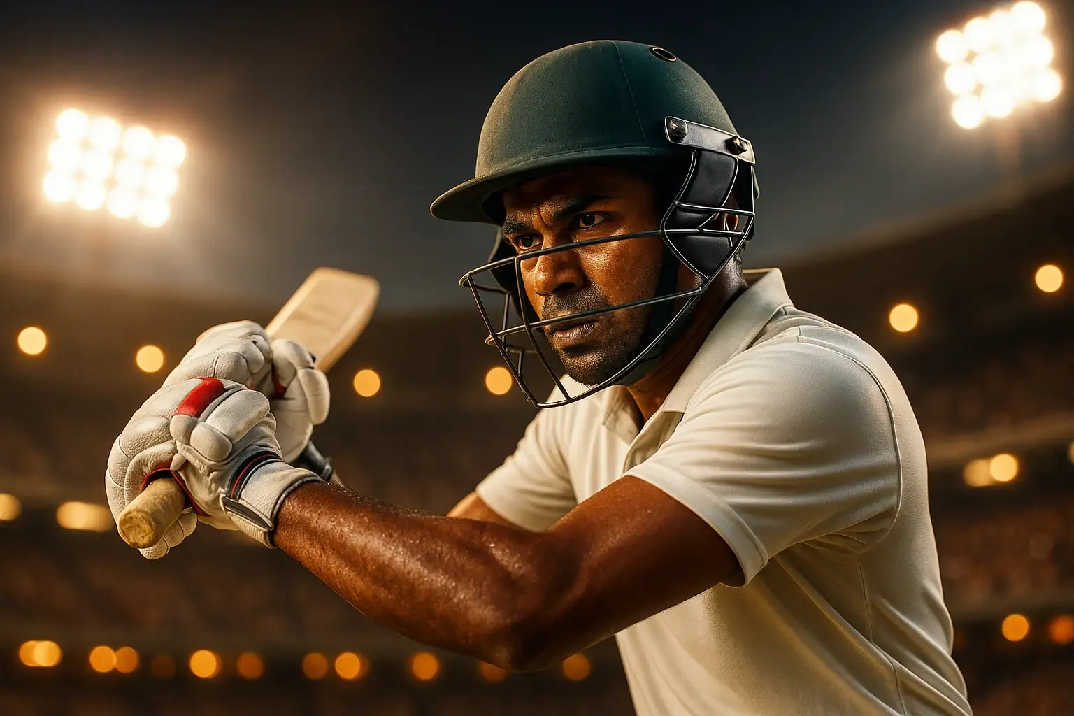 Hyperrealistic close-up of Bangladeshi cricket batsman swinging bat under stadium lights