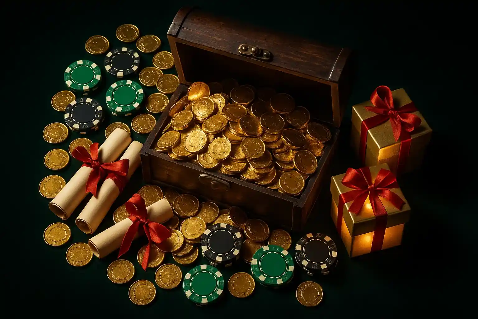 Overflowing treasure chest with gold coins, casino chips, bonus vouchers, gift boxes