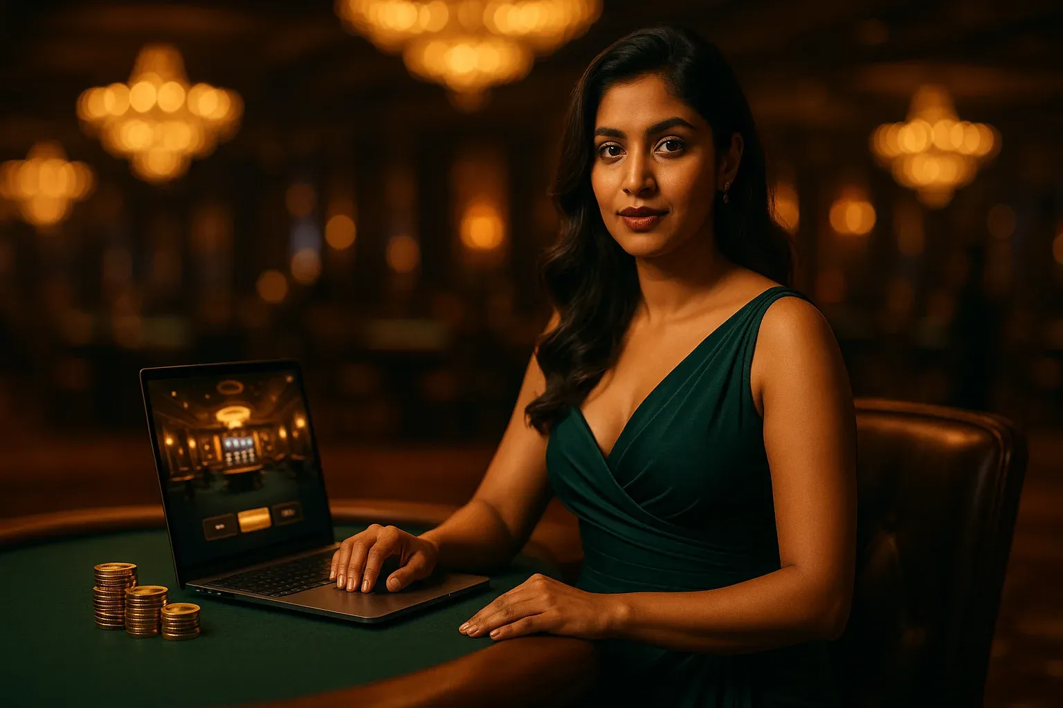 Bangladeshi woman in emerald gown at luxury online casino lounge with laptop