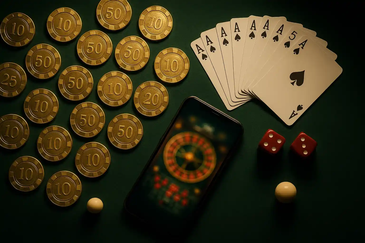 Top-down casino table with golden chips, cards, dice, roulette ball, smartphone