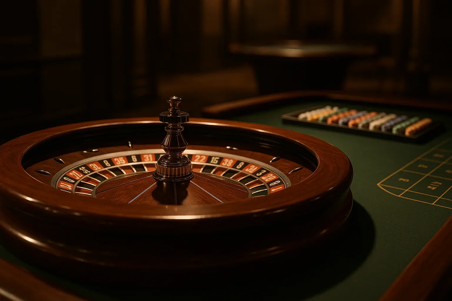 Hyperrealistic wide shot of empty roulette table in premium live casino studio