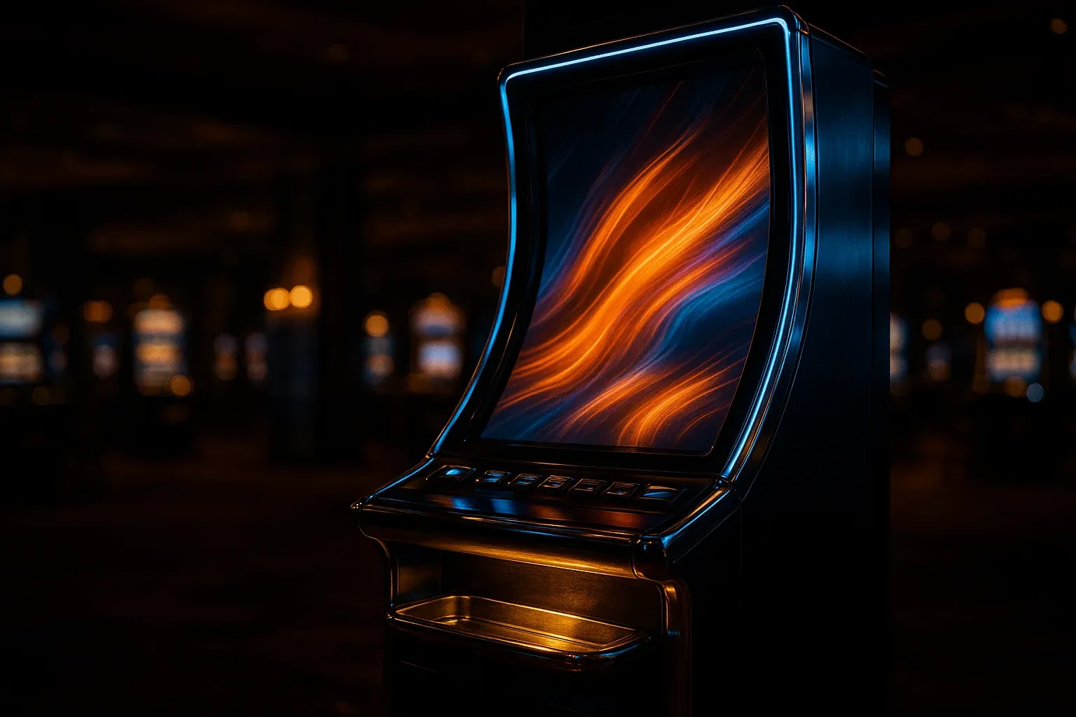 Hyperrealistic wide shot of premium slot machine in dark luxury casino